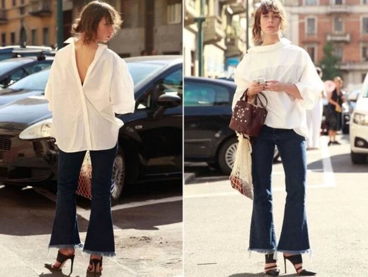 Mặc áo sơ mi ngược là cách biến tấu độc đáo và phù hợp với những cô nàng yêu thích phong cách cá tính, gợi cảm. Đặc biệt là có thể giúp nàng làm mới hoàn toàn chiếc áo sơ mi cũ vốn đã nằm yên trong tủ.