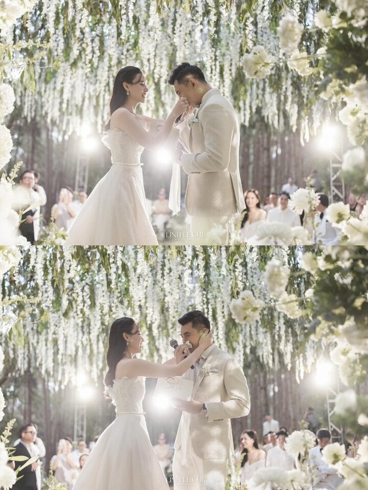 Chàng thiếu gia không giấu được sự xúc động đã bật khóc ngay trên lễ đường. Midu rất ân cần lau nước mắt cho chồng trẻ. Nữ diễn viên tiết lộ: "Đây chỉ là một buổi tiệc nhỏ thân mật dành cho bạn bè theo nguyện vọng của chú rể là được cầu hôn mình lần nữa trước sự chứng kiến của mọi người".