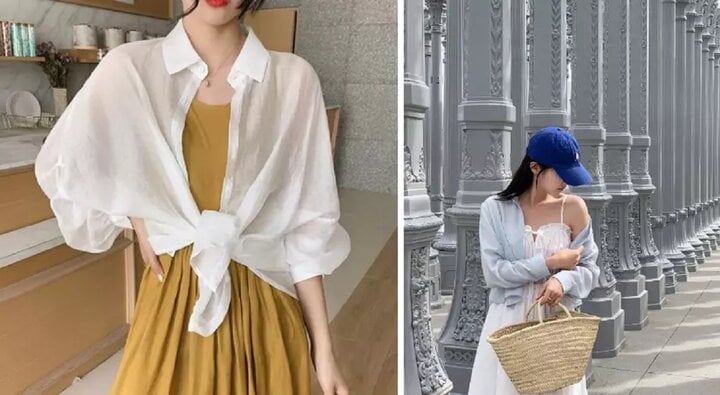 Khoác áo sơ mi voan mỏng ngoài váy liền giúp bạn có outfit bắt mắt, thanh lịch hơn.