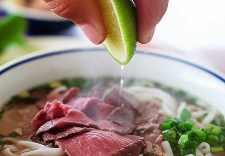 Phở bò là món ăn quen thuộc, nhưng ít ai biết rằng chỉ một động tác vắt chanh cũng có thể giúp tăng hấp thu sắt và làm dậy hương vị món ăn. (Ảnh minh hoạ)